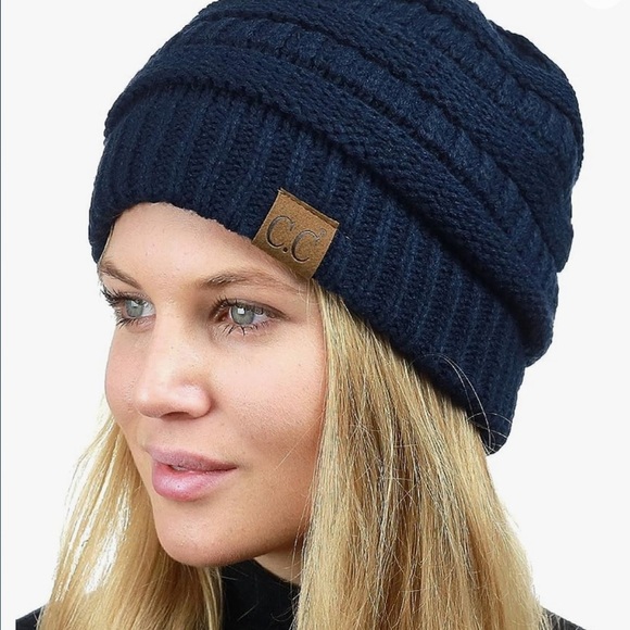 C.C Navy Unisex Chunky Soft Stretch Cable Knit Winter Hat - Picture 1 of 12